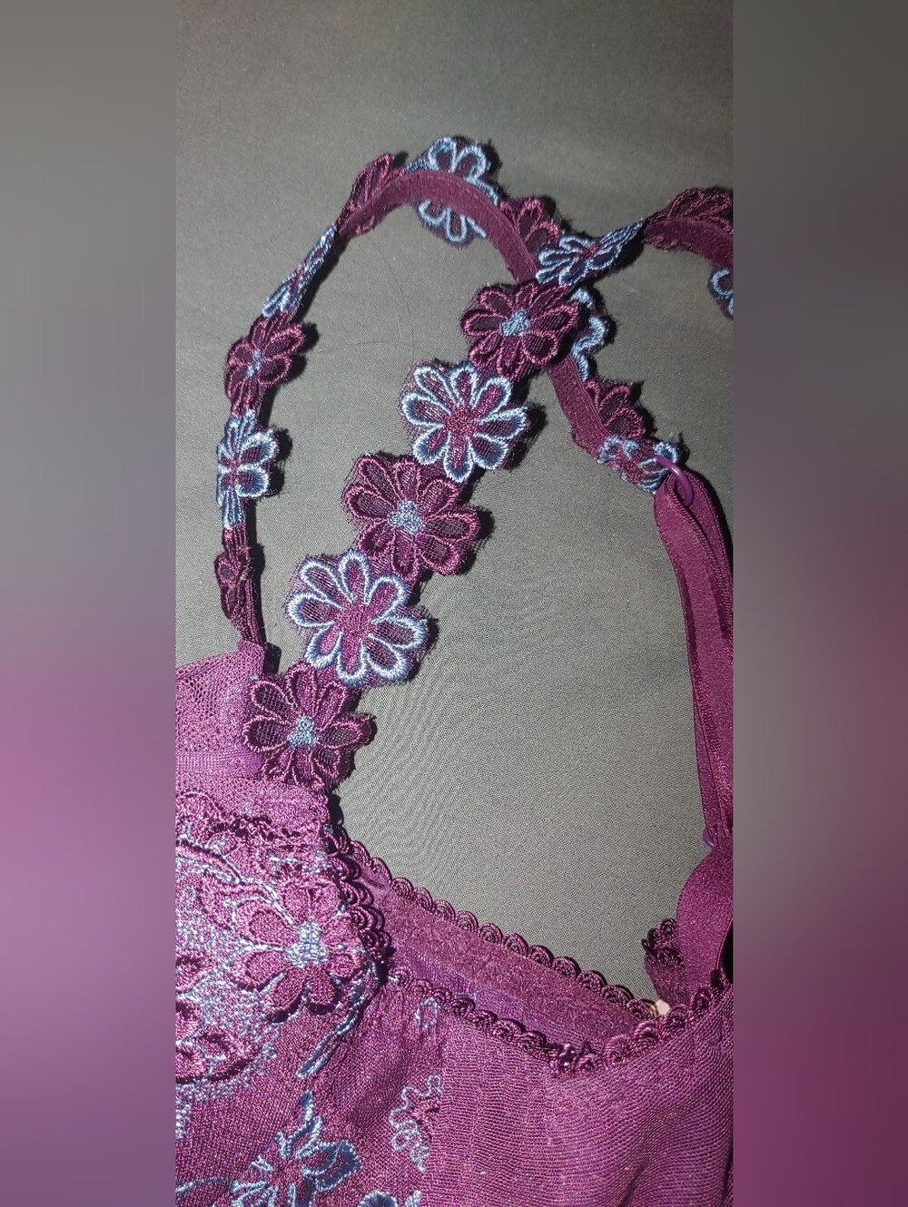 La Vie en Rose Lightly Lined Blue and Plum Bra with Periwinkle Floral Lace - Picture 5 of 8